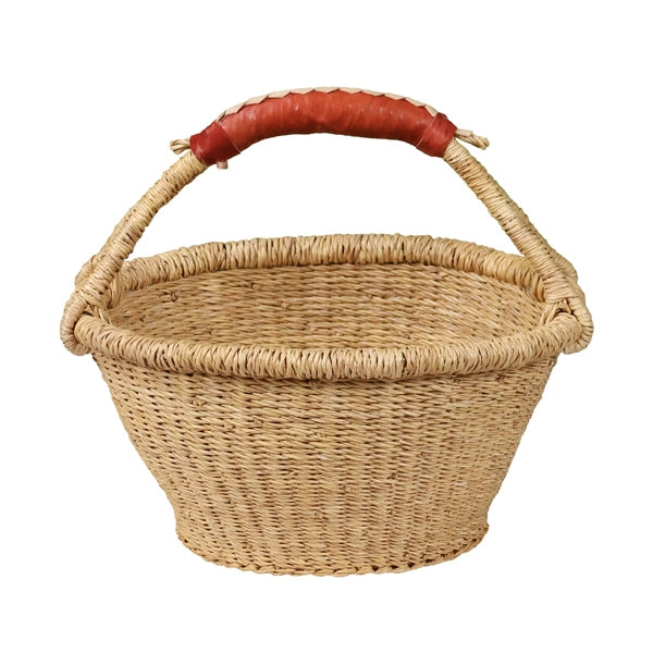 Flat bottomed fruit basket with a round tapered bowl design and a tan leather handle.