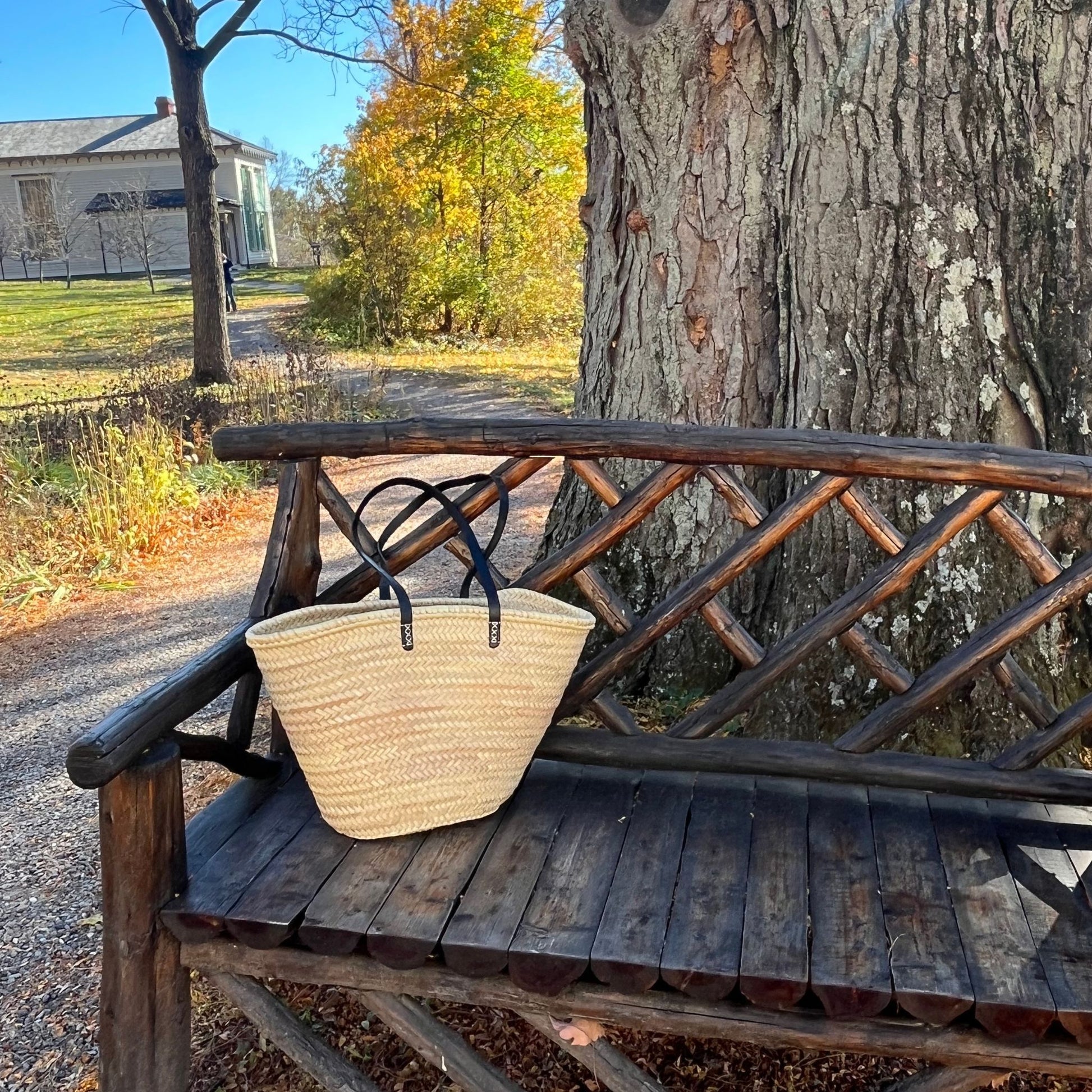 French market tote with black leather shoulder straps on an outside wooden bench against a tree with greenery and a house in the background.