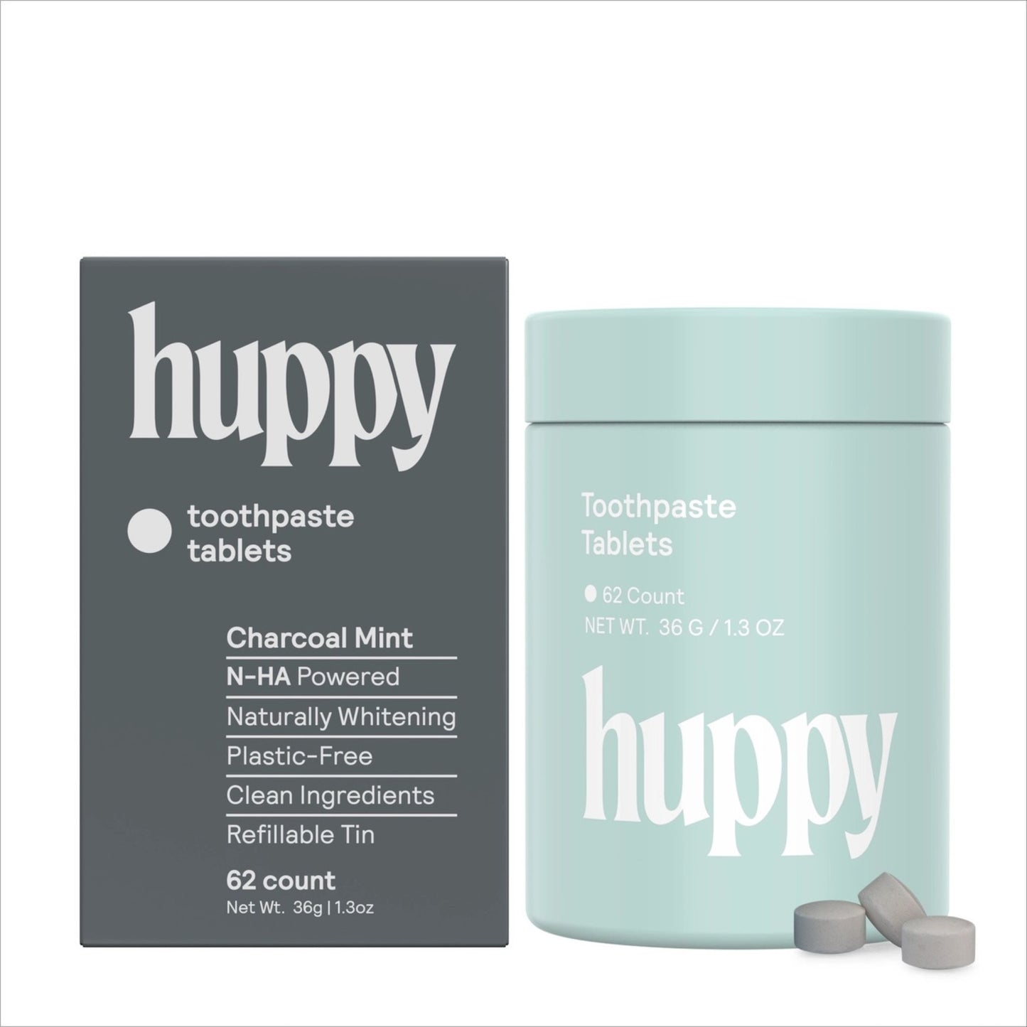 Huppy Charcoal & Mint Toothpaste Tablets with Tin