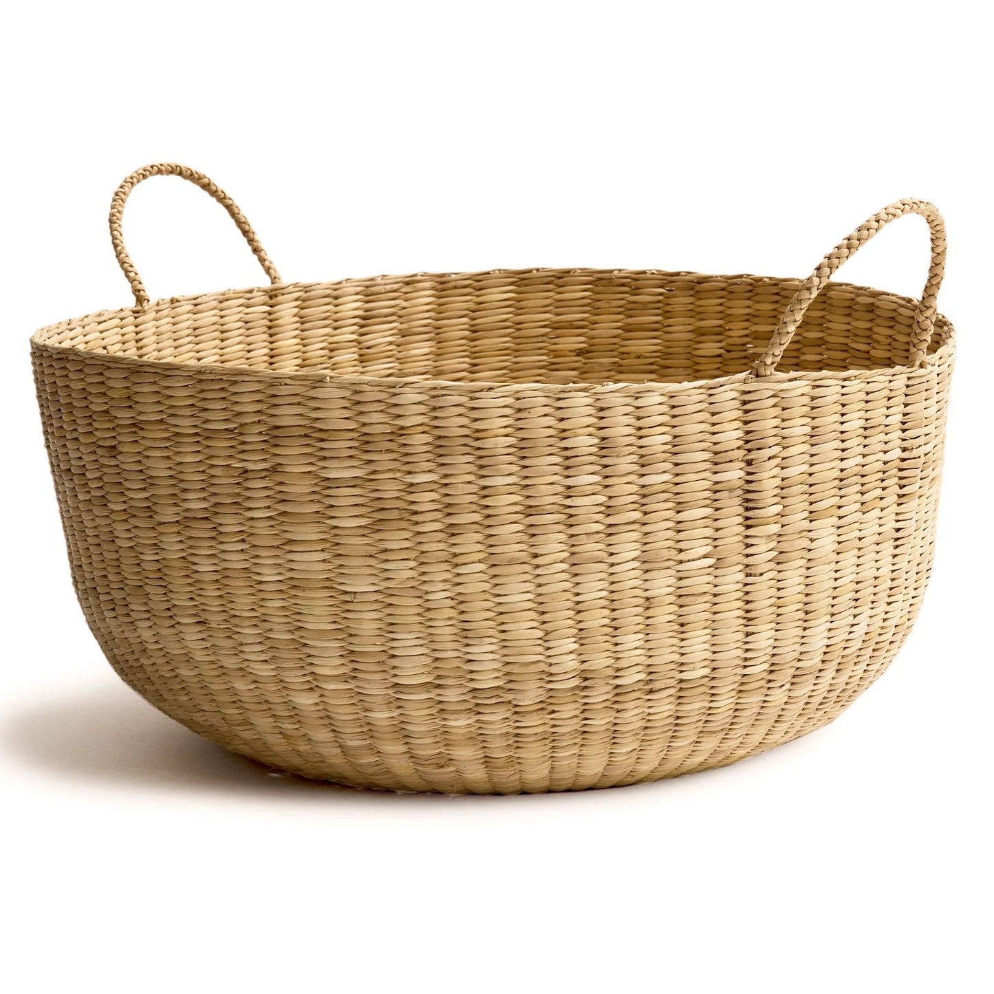 Round bottomed woven floor basket with handles.