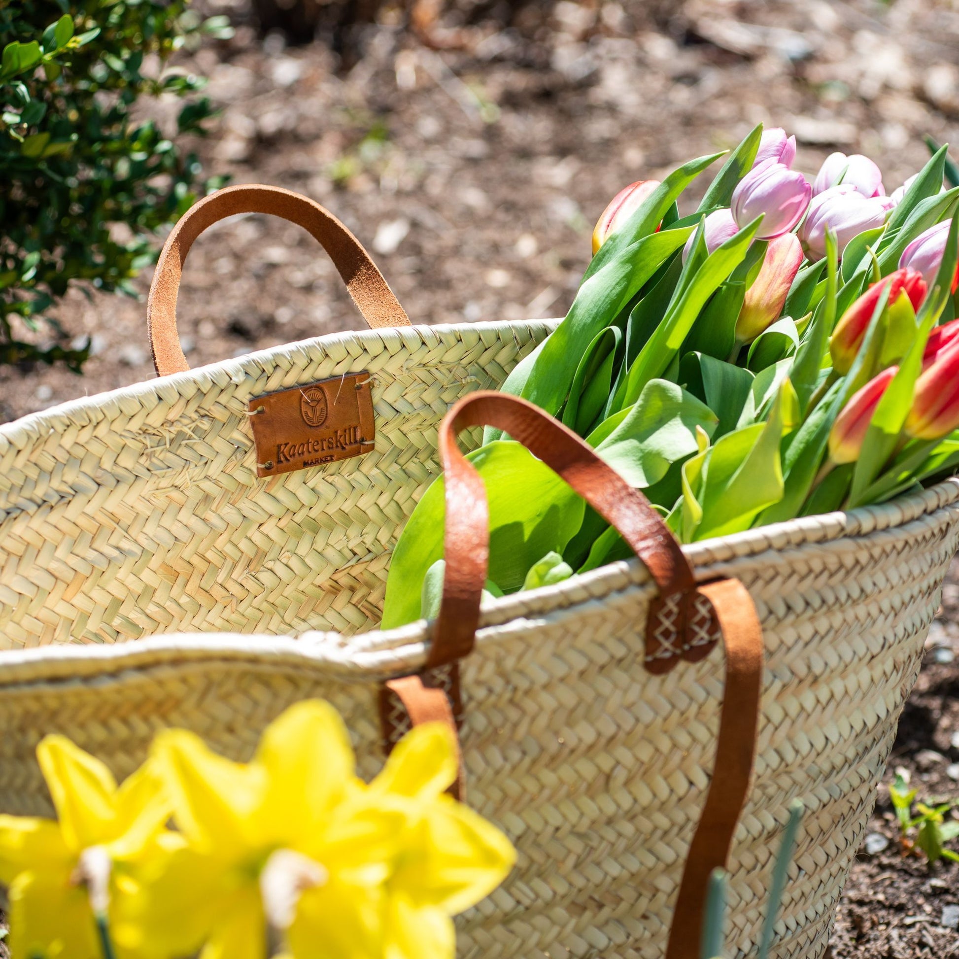 A french market tote with leather straps holding tulips