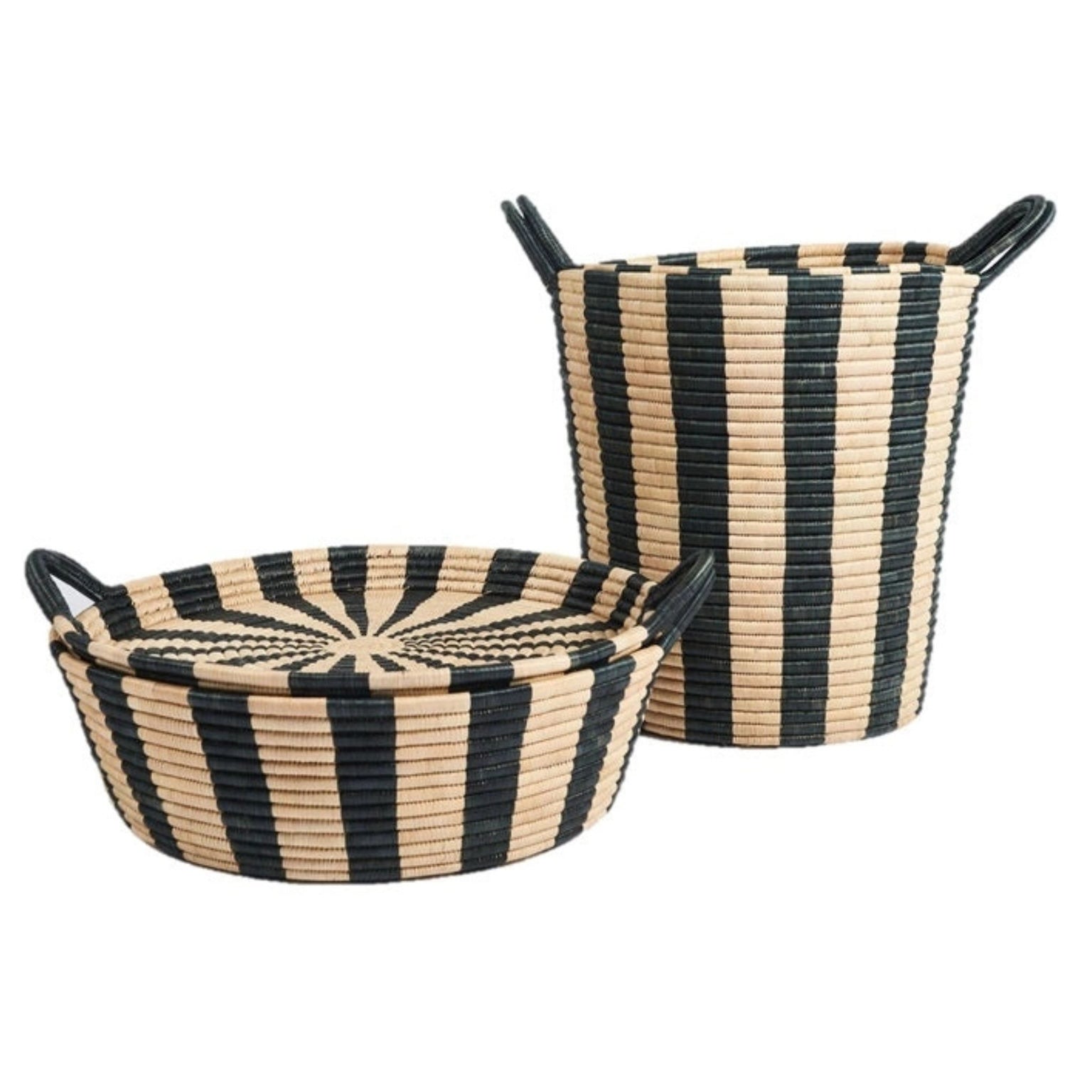 Black and tan striped storage baskets in large and small with tray lids.