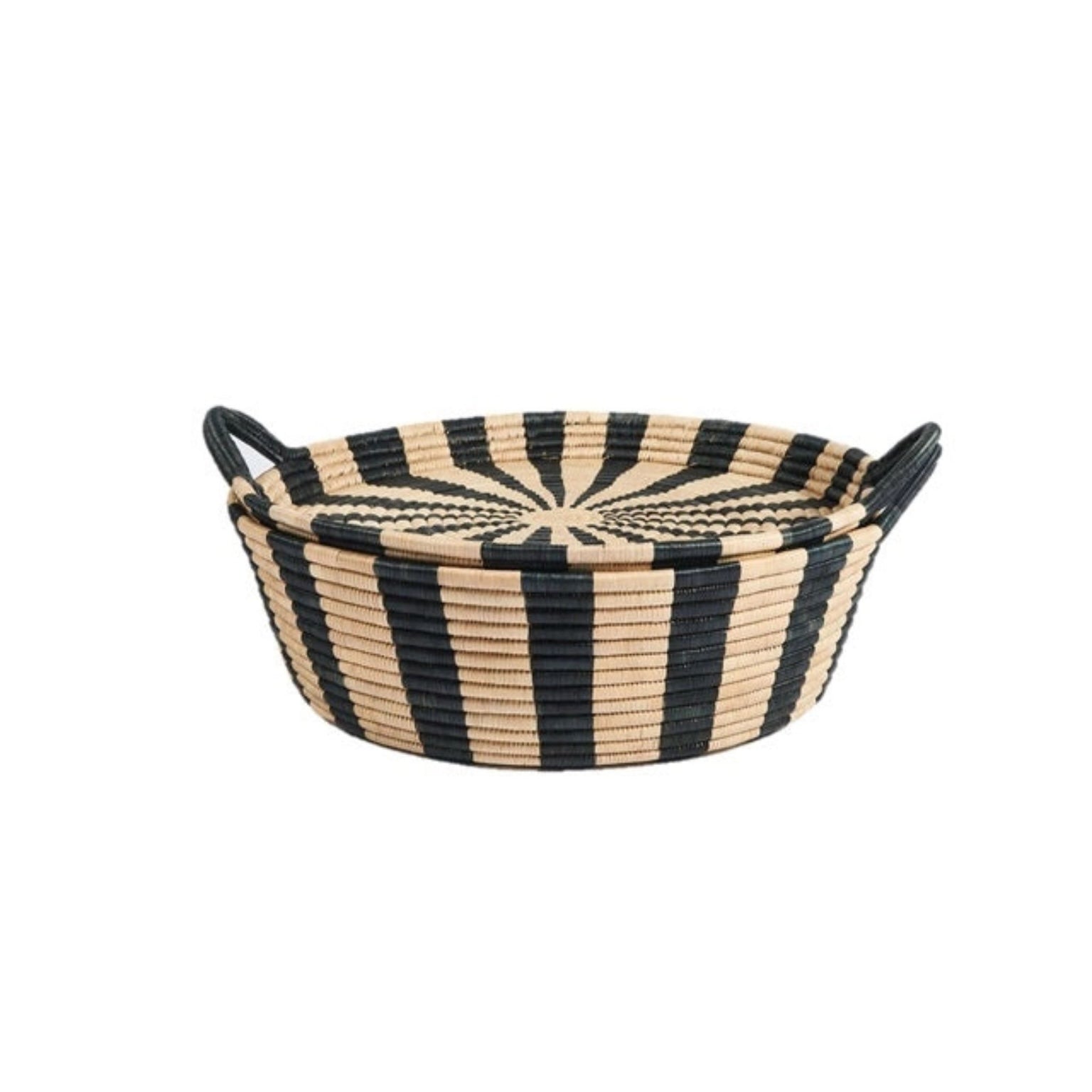 Small black and tan striped storage basket with tray lid.
