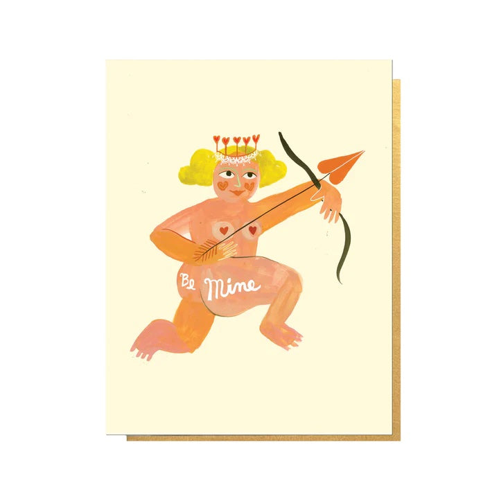 "Be Mine" illustrated card featuring a crowned cupid with a bow and arrow
