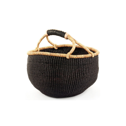 black bolga basket with leather handle and natural trim for storage and shopping
