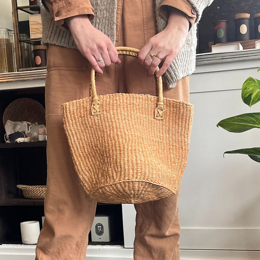 Blush Sisal Tote Bag with Leather Handles