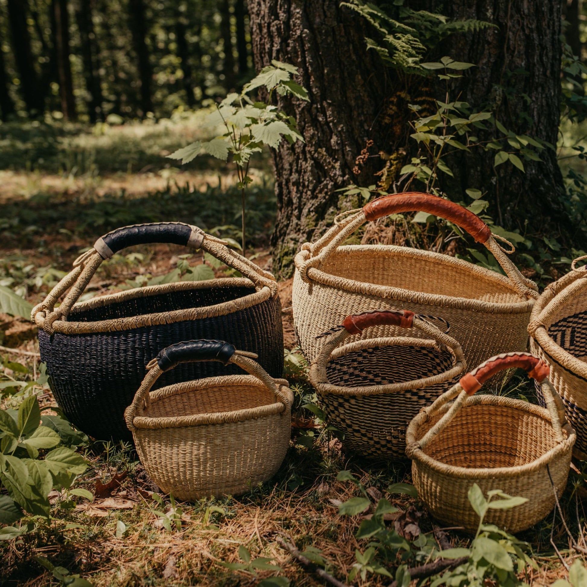 Different size and color bolga baskets in the woods.