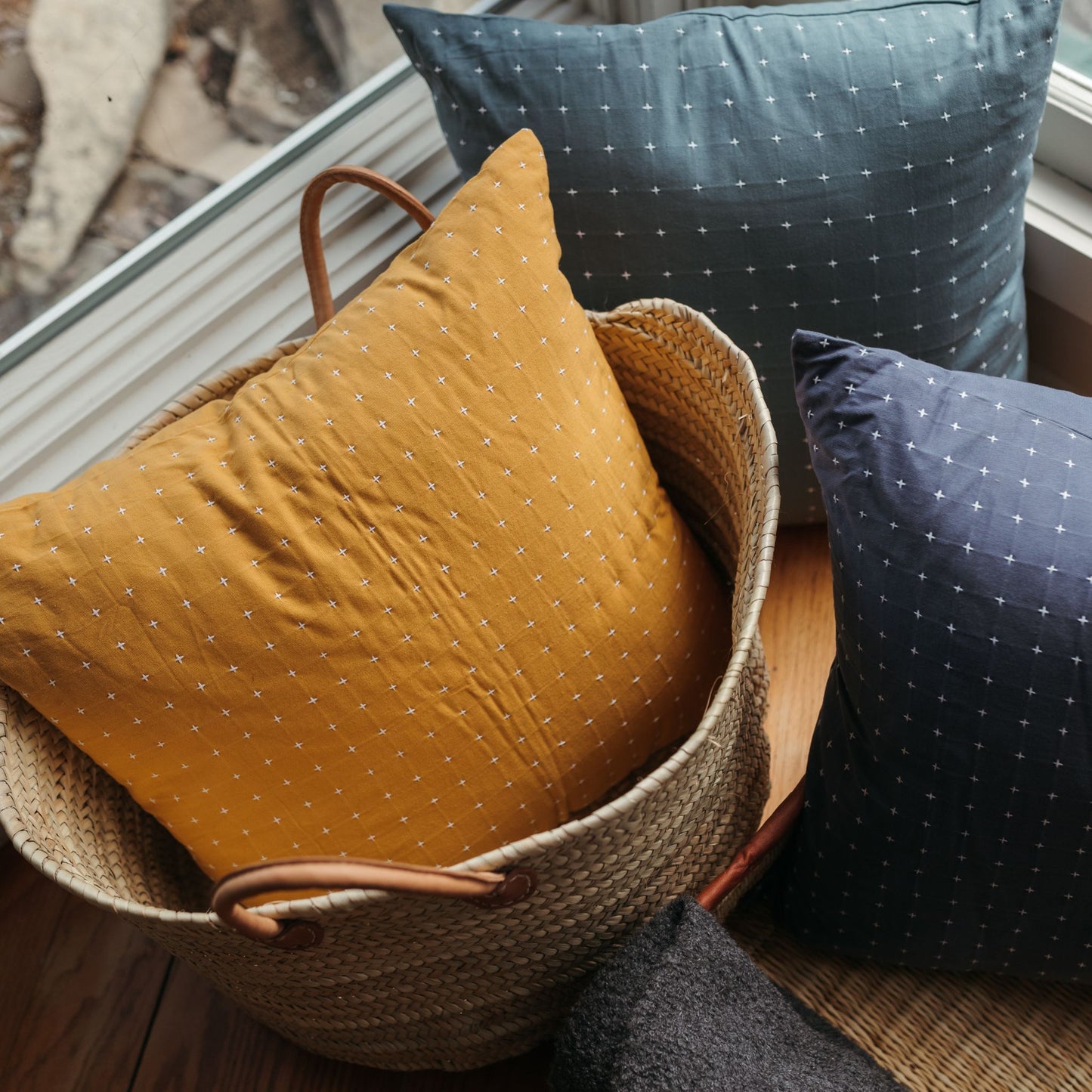 Cross Stitch Organic Cotton Throw Pillow - Spruce