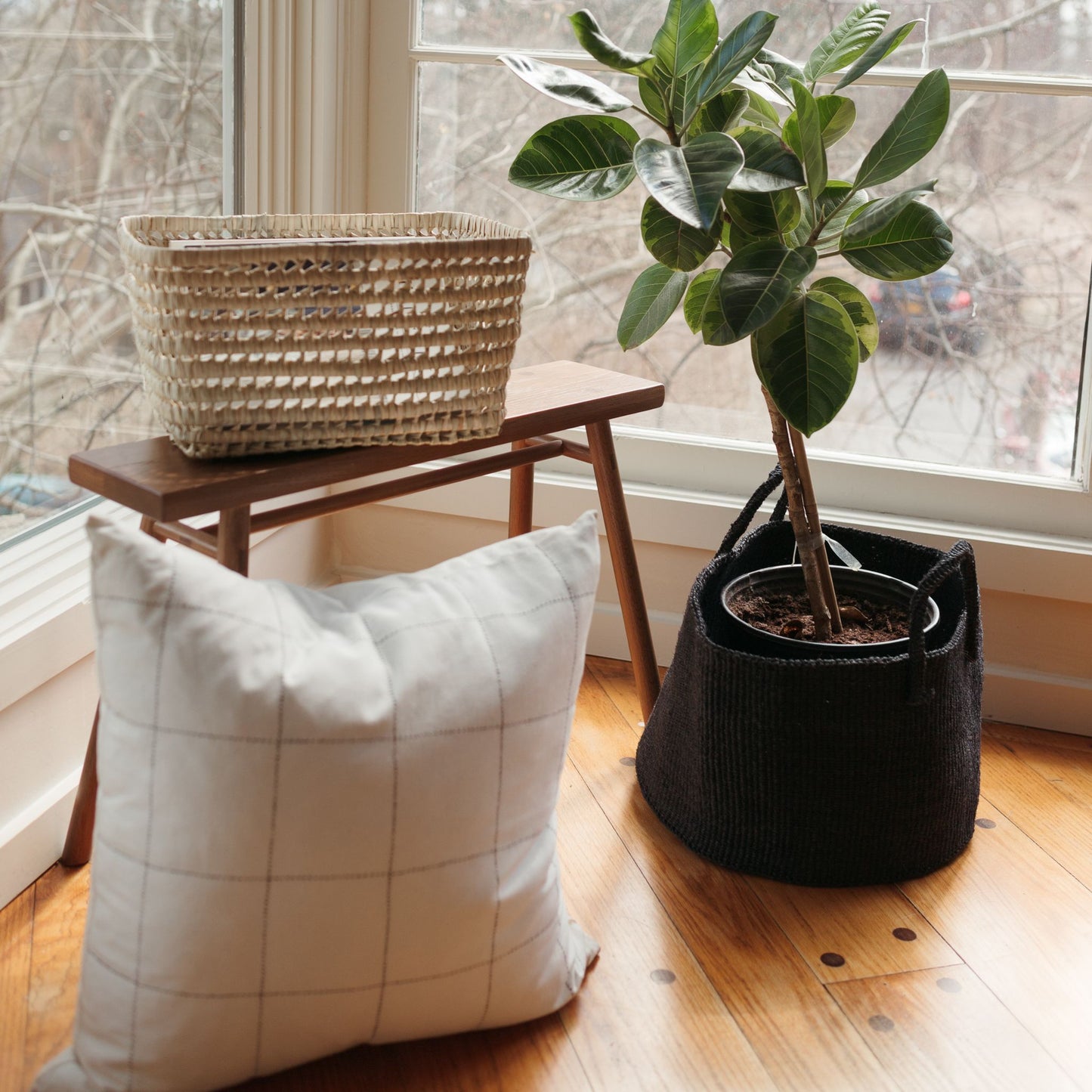 Grid Stitch Organic Cotton Throw Pillow - Bone
