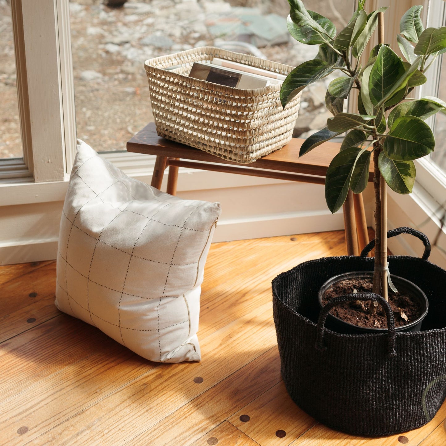 Grid Stitch Organic Cotton Throw Pillow - Bone
