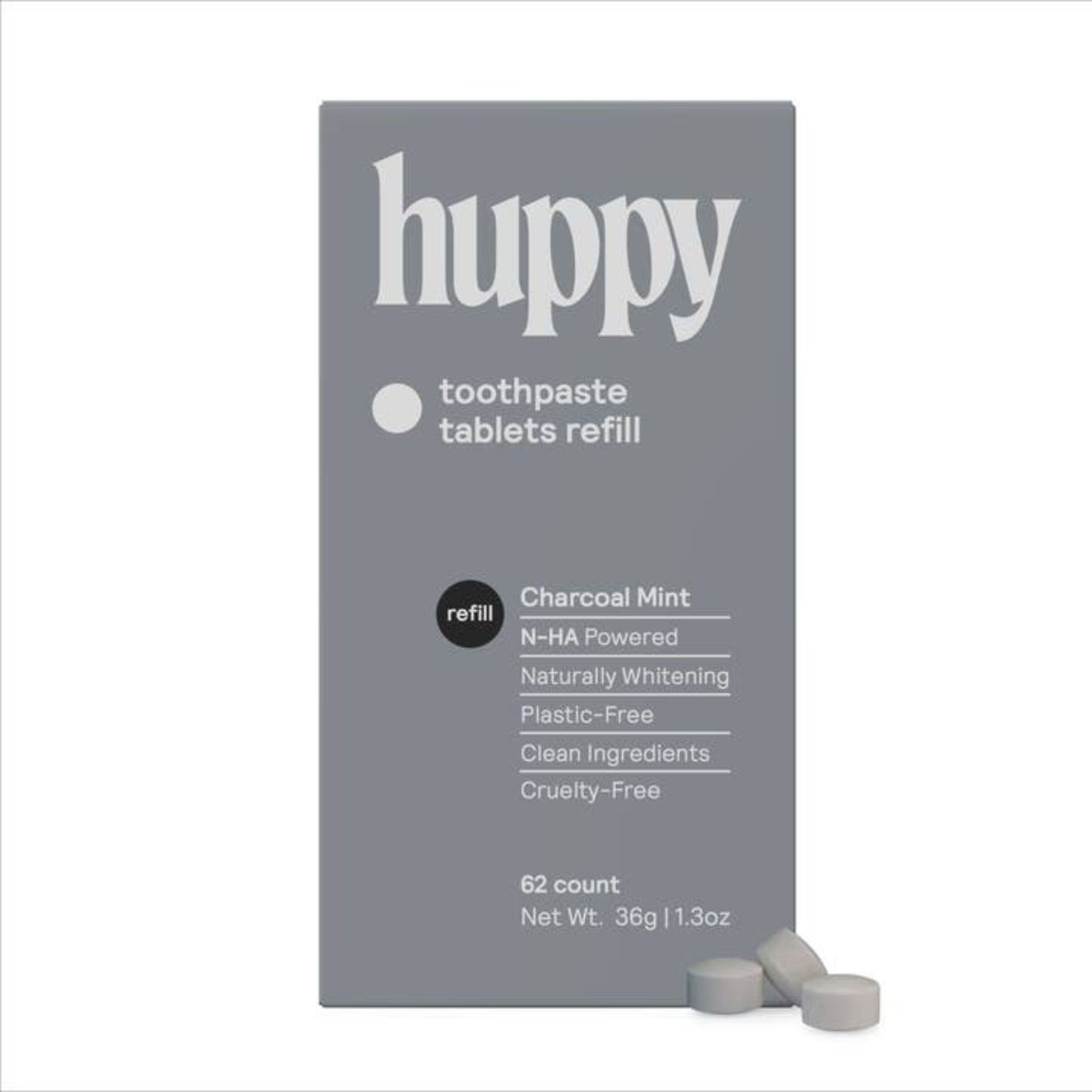 Grey box with "Huppy" logo and information about the tablets with three small tablets alongside it.