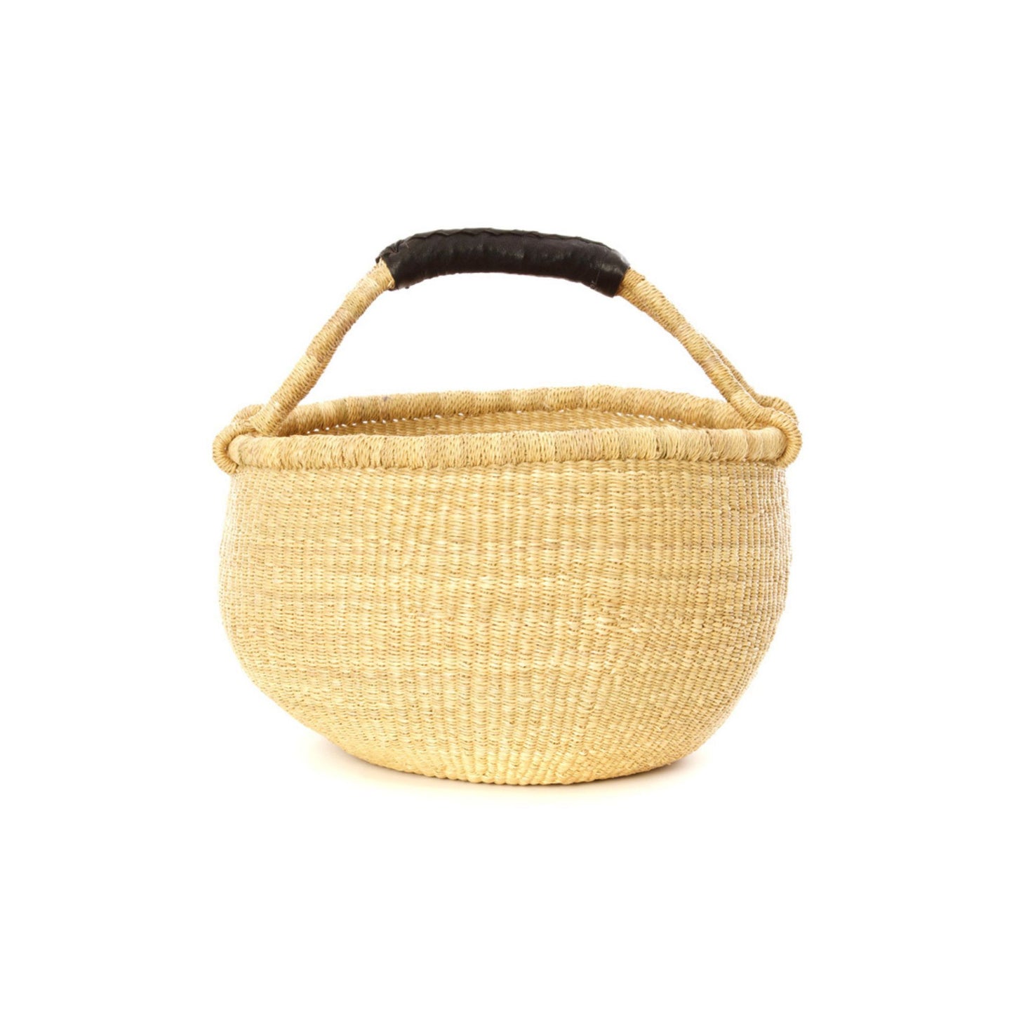 Large bolga basket with a black leather handle