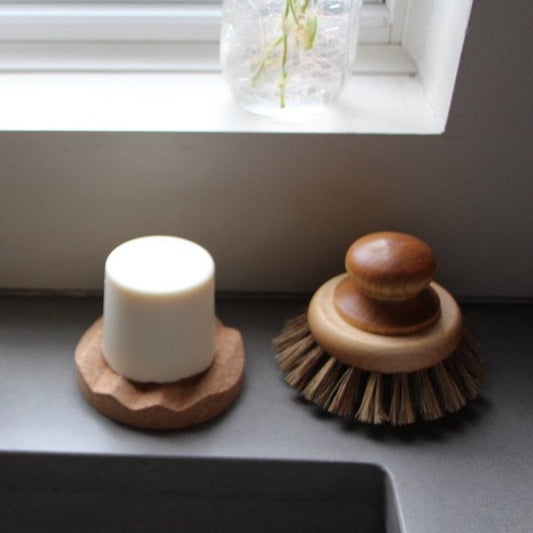 4" diameter round cork soap dish with dish soap and round dish brush