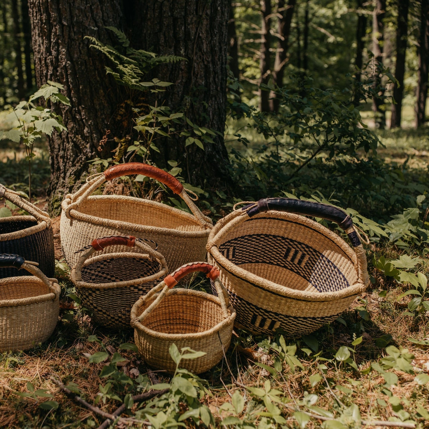 Large and small Bolga baskets shown outdoors in black, natural, and patterned