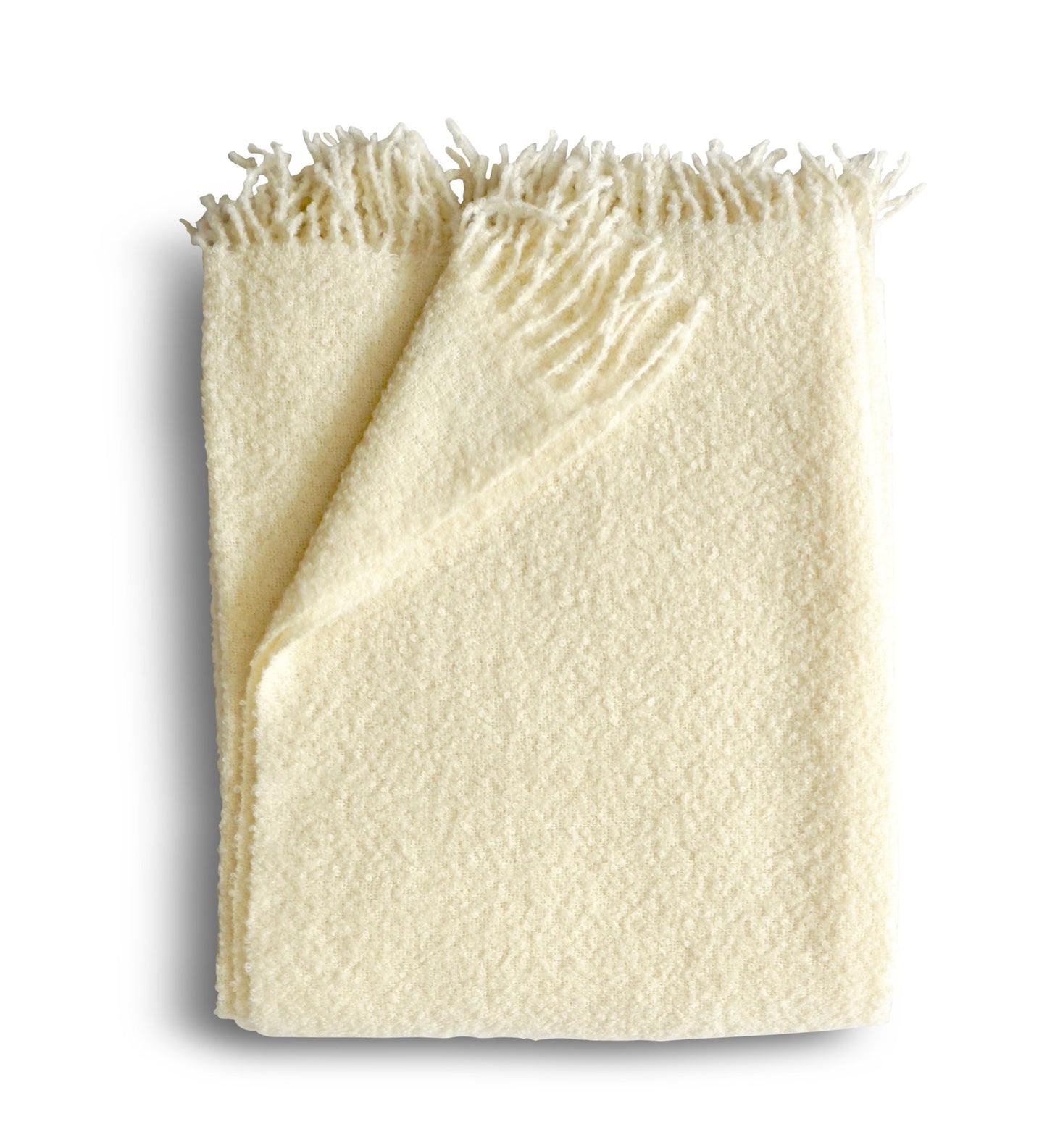 Peruvian Andes Alpaca wool boucle throw blanket with fringe in pearl color
