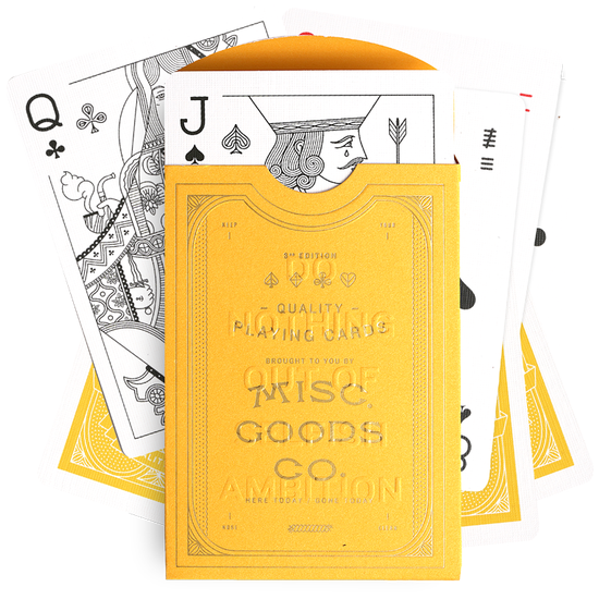 Pack of illustrated high-quality playing cards in yellow with gold foil embossed box