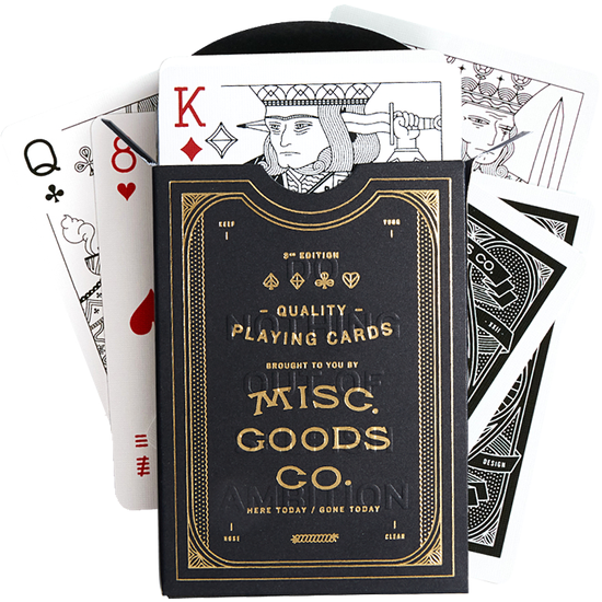Pack of illustrated high-quality playing cards in black with gold foil embossed box