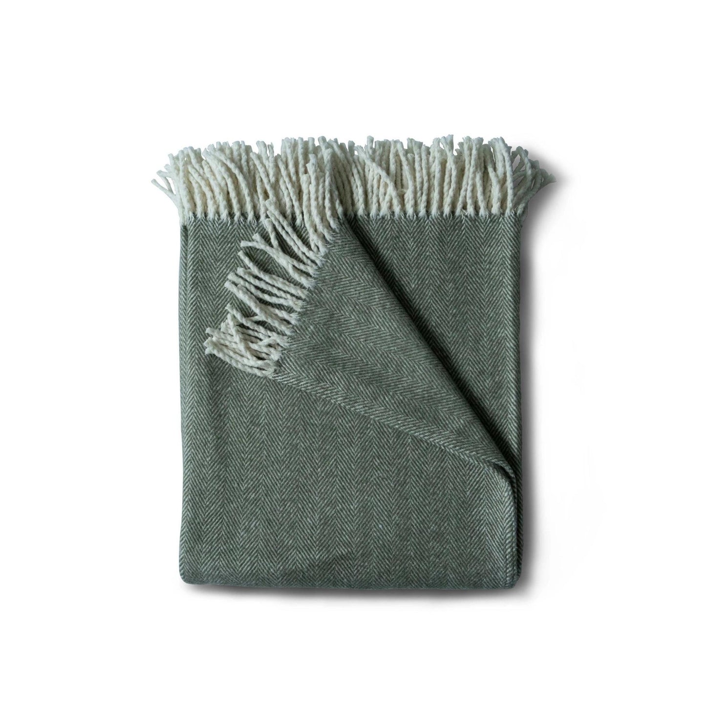 Brushed cotton throw blanket in moss green herringbone pattern with cotton fringe