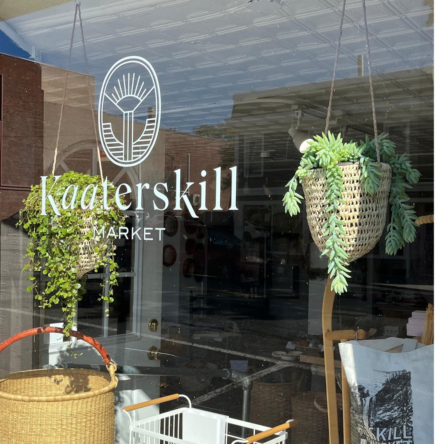 small and large handwoven dome-shaped hanging palm leaf basket with braided leather strap shown as hanging planter for houseplants
