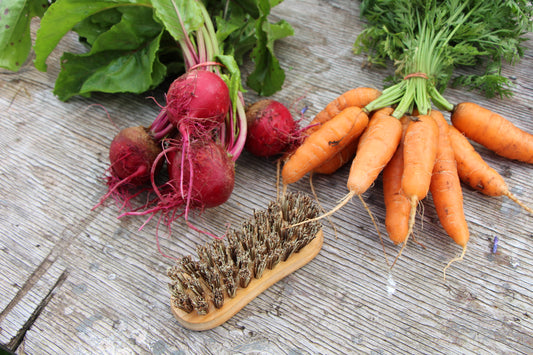 A vegetable scrub brush alongside vegetables on a wooden table