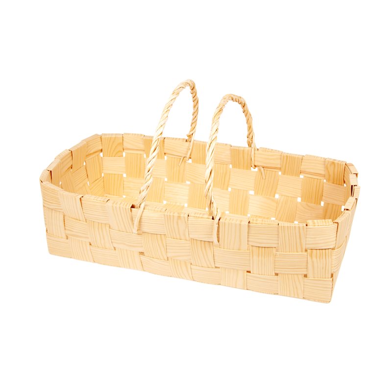 A traditional pine chipboard basket with handles, suitable for storage and as decoration.