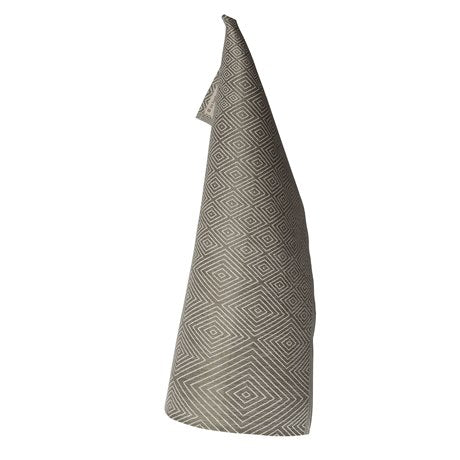 Linen tea towel in classic diamond pattern in green hanging on hook