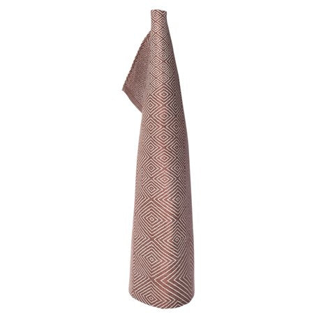 Linen tea towel in classic diamond pattern in rust hanging on hook