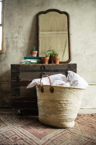 large laundry basket with leather handles