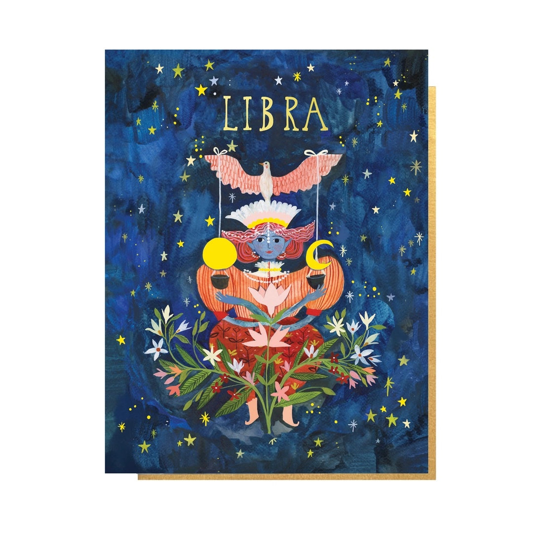 Folding card with illustration of woman with scale on her head made of a dove's wings, sun and moon Libra written above
