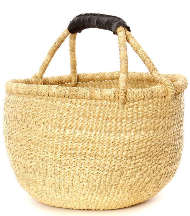 Large bolga basket with a black leather handle