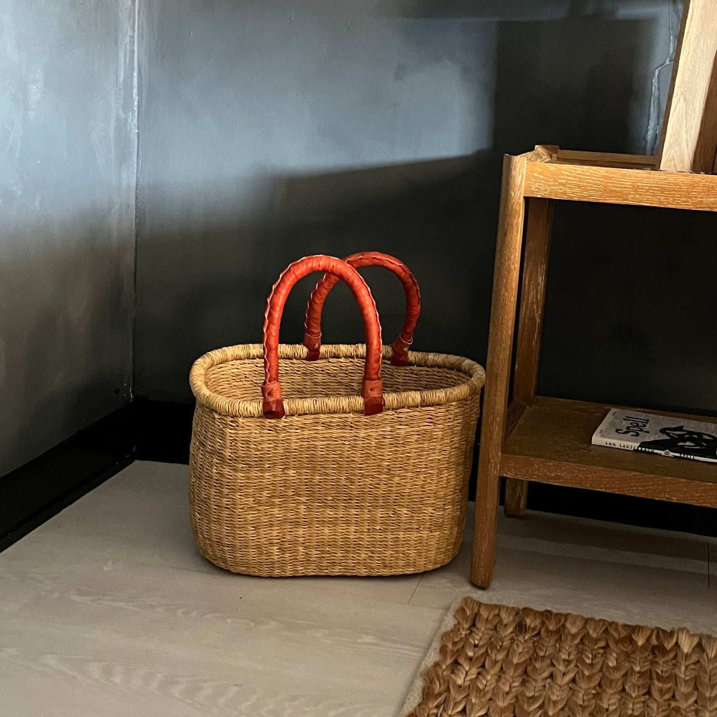 Oval Natural Bolga Tote Basket with Leather Handle