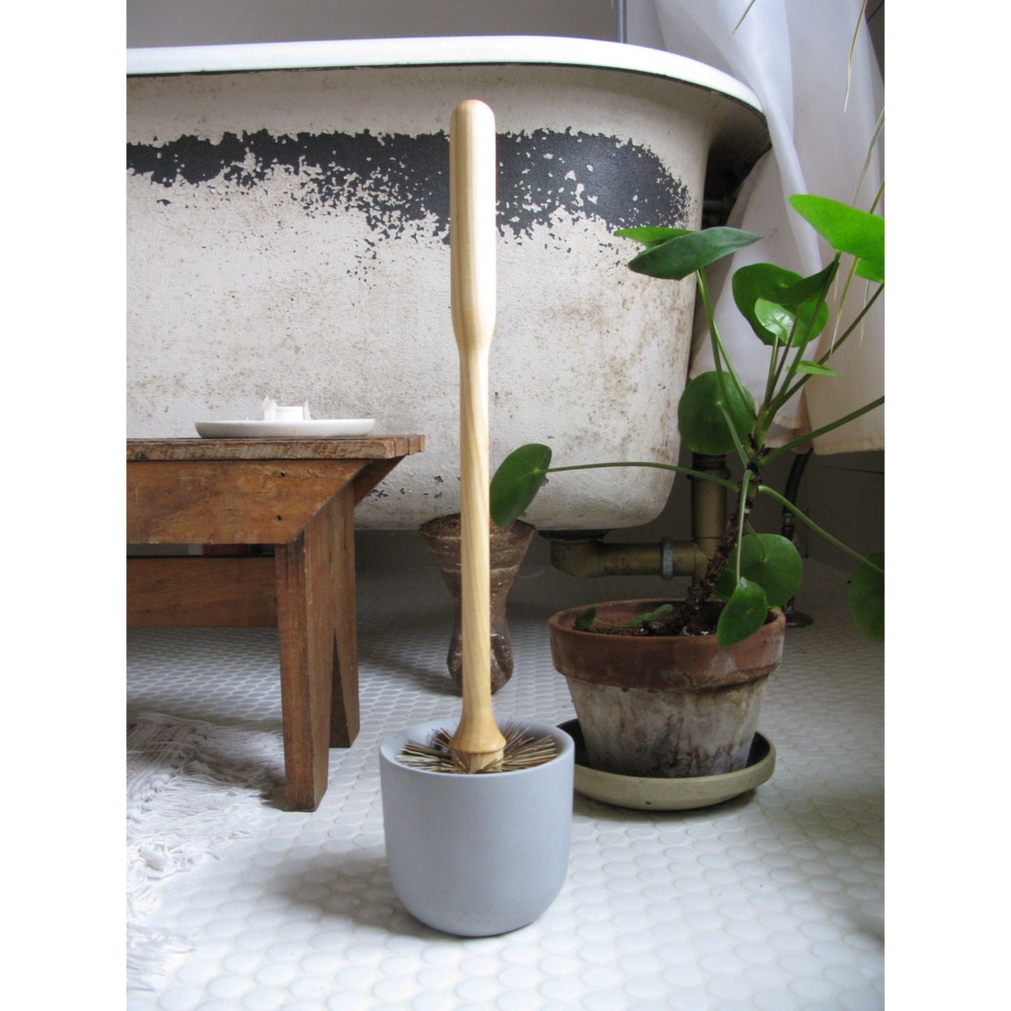 An oiled birch handle toilet brush in a concrete cup