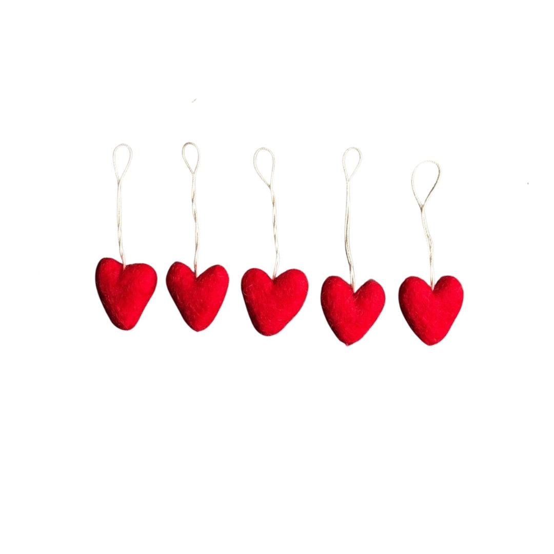 5 handmade felted wool hearts in red