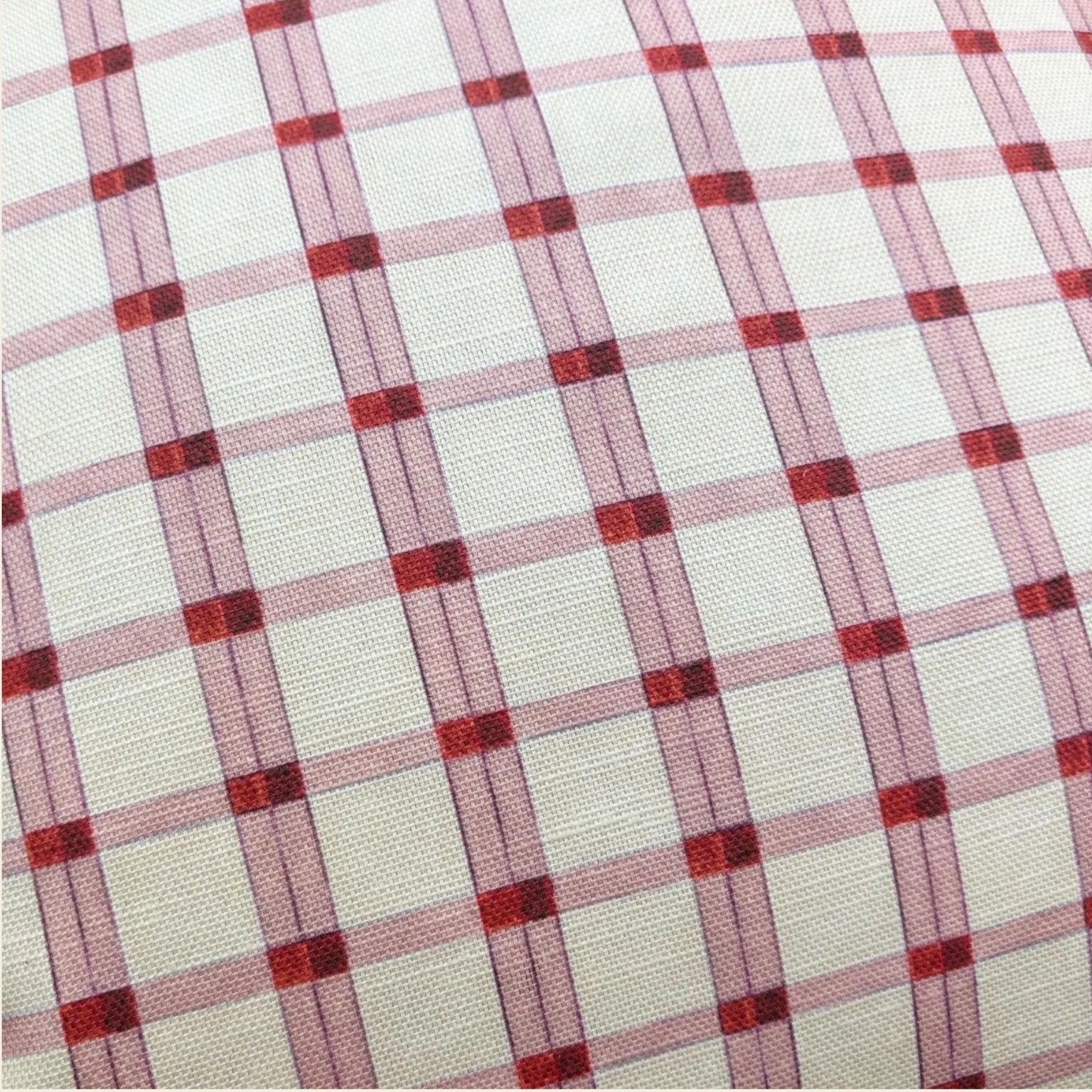 A close-up of a woven fabric with a red and pink plaid pattern on a white background.