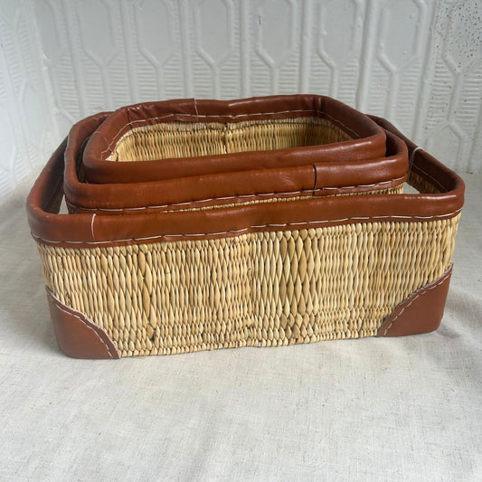 Leather-trimmed Storage Basket Set