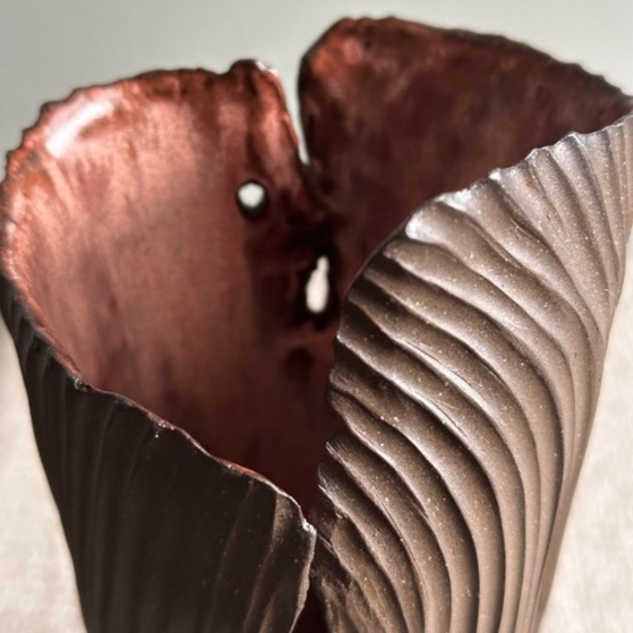 Brown Ribbed Vase with Rose Interior by Anne Gabriele