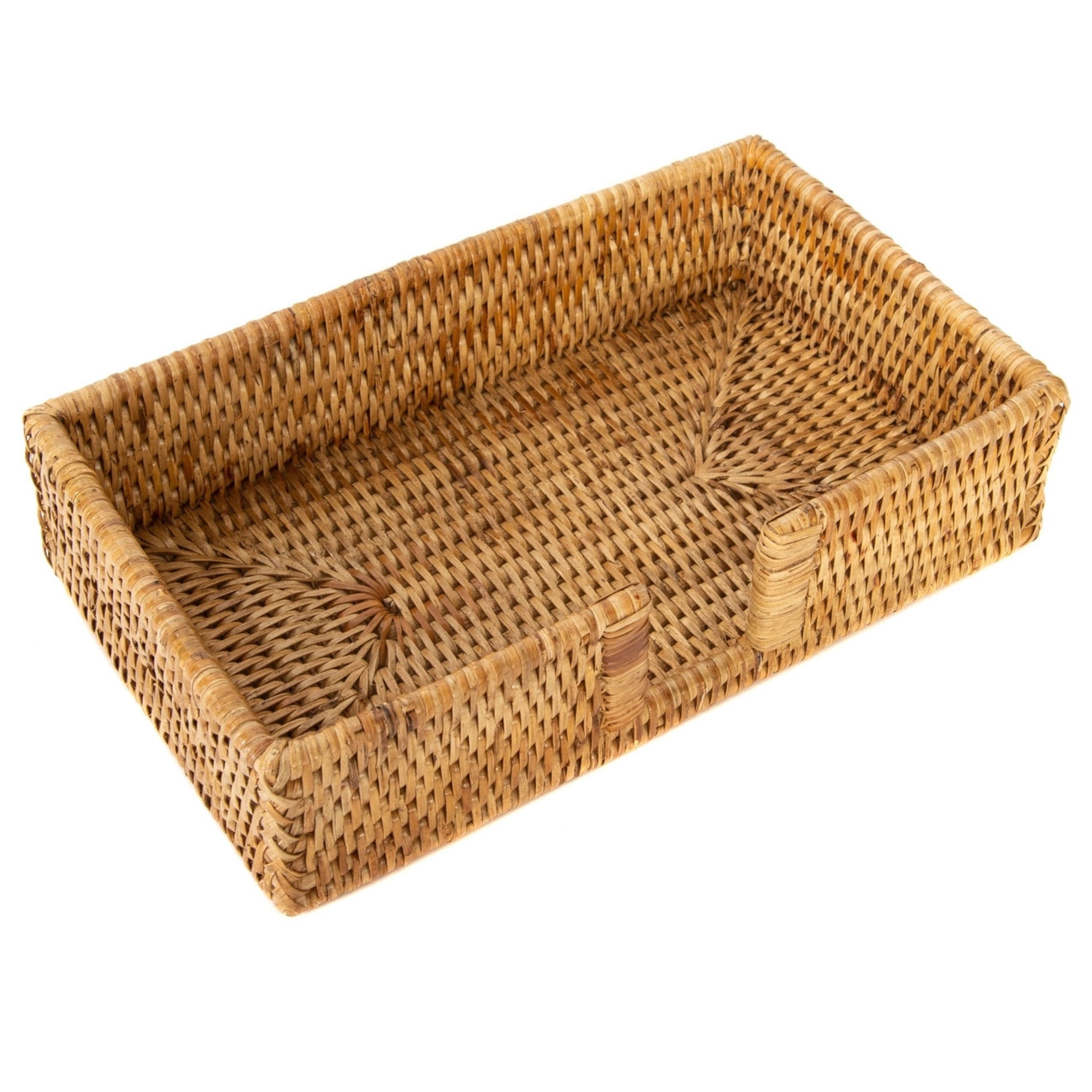Woven rectangular basket on a white background