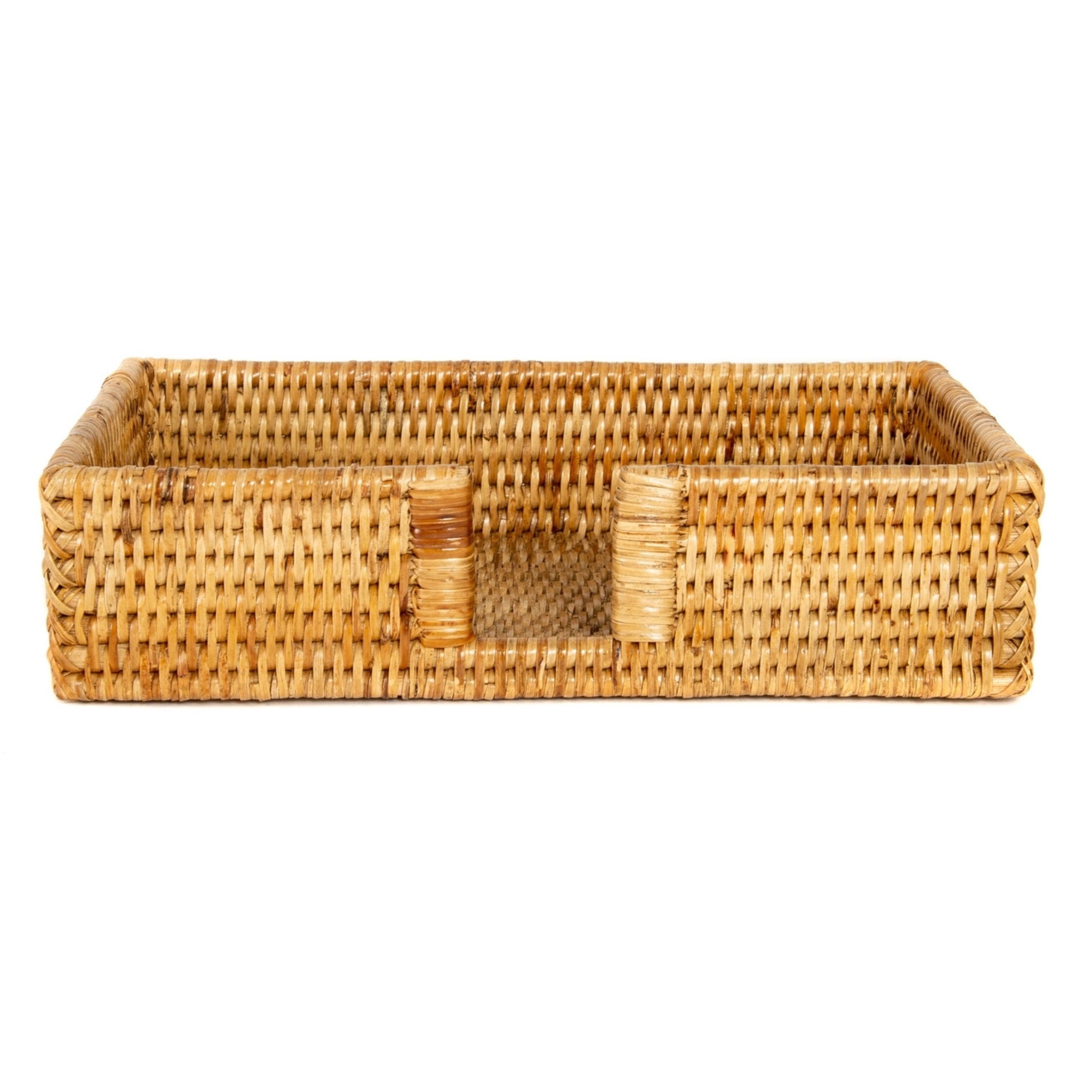 Woven rattan tray on a white background