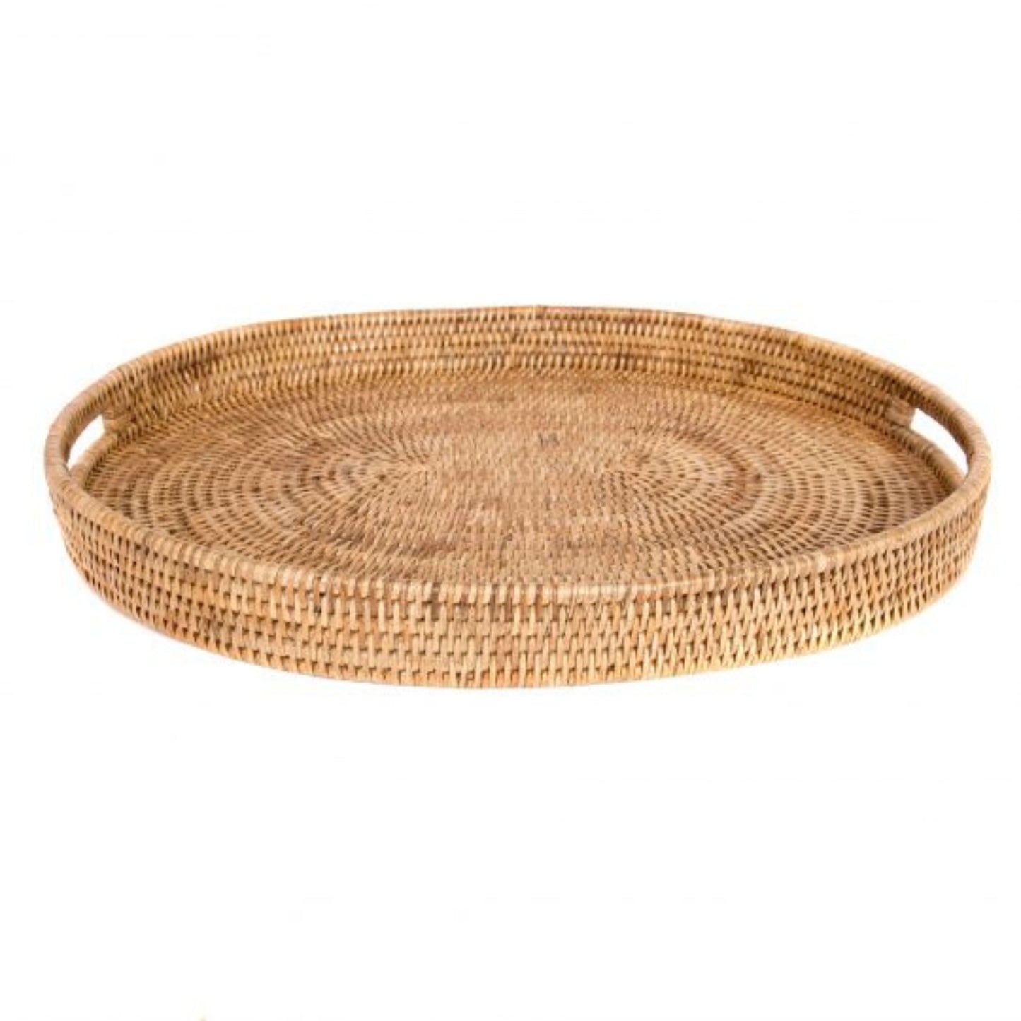 Woven rattan tray on a white background