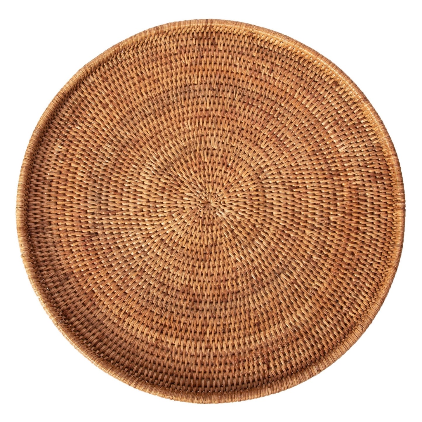 Round woven rattan tray on a white background