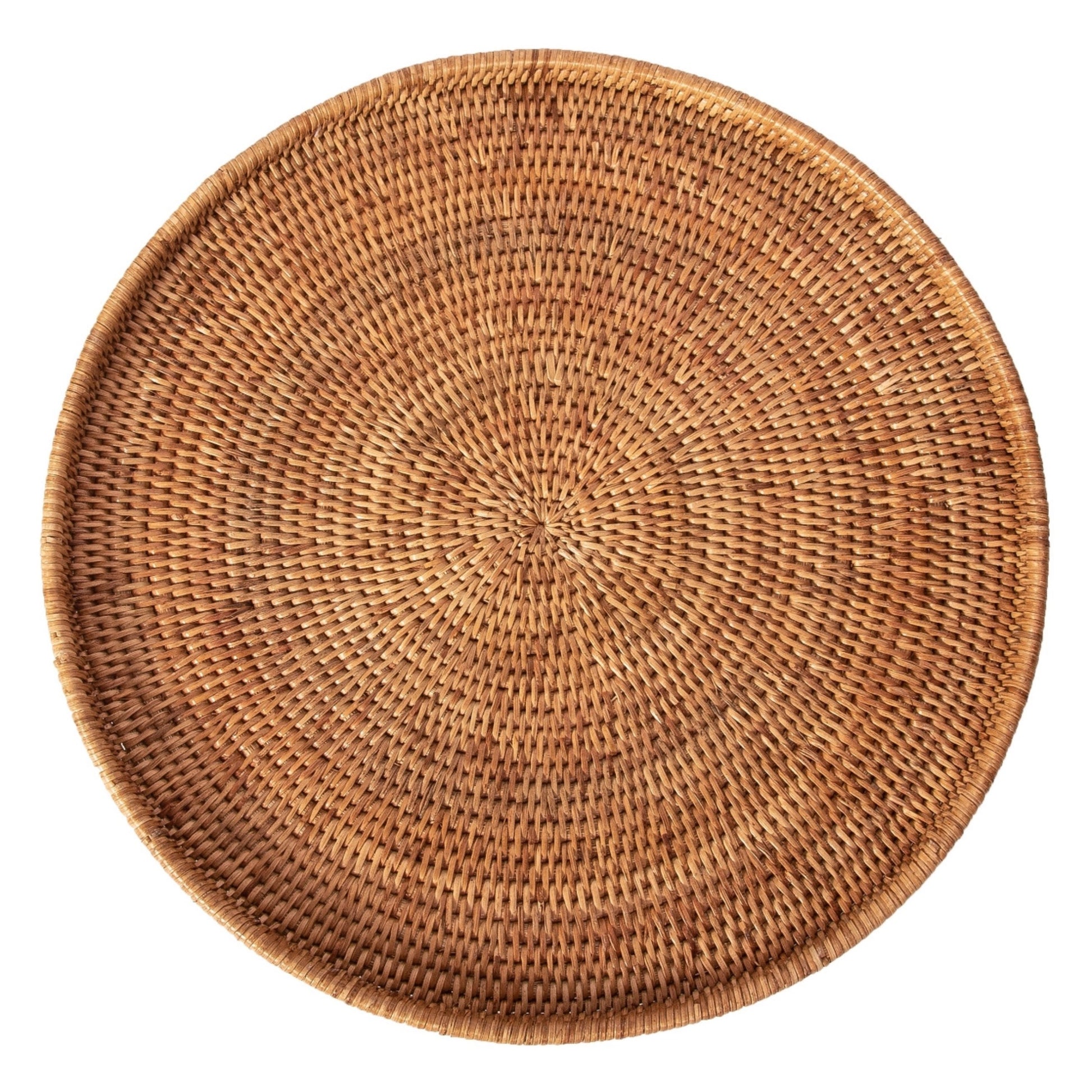 Round woven rattan tray on a white background