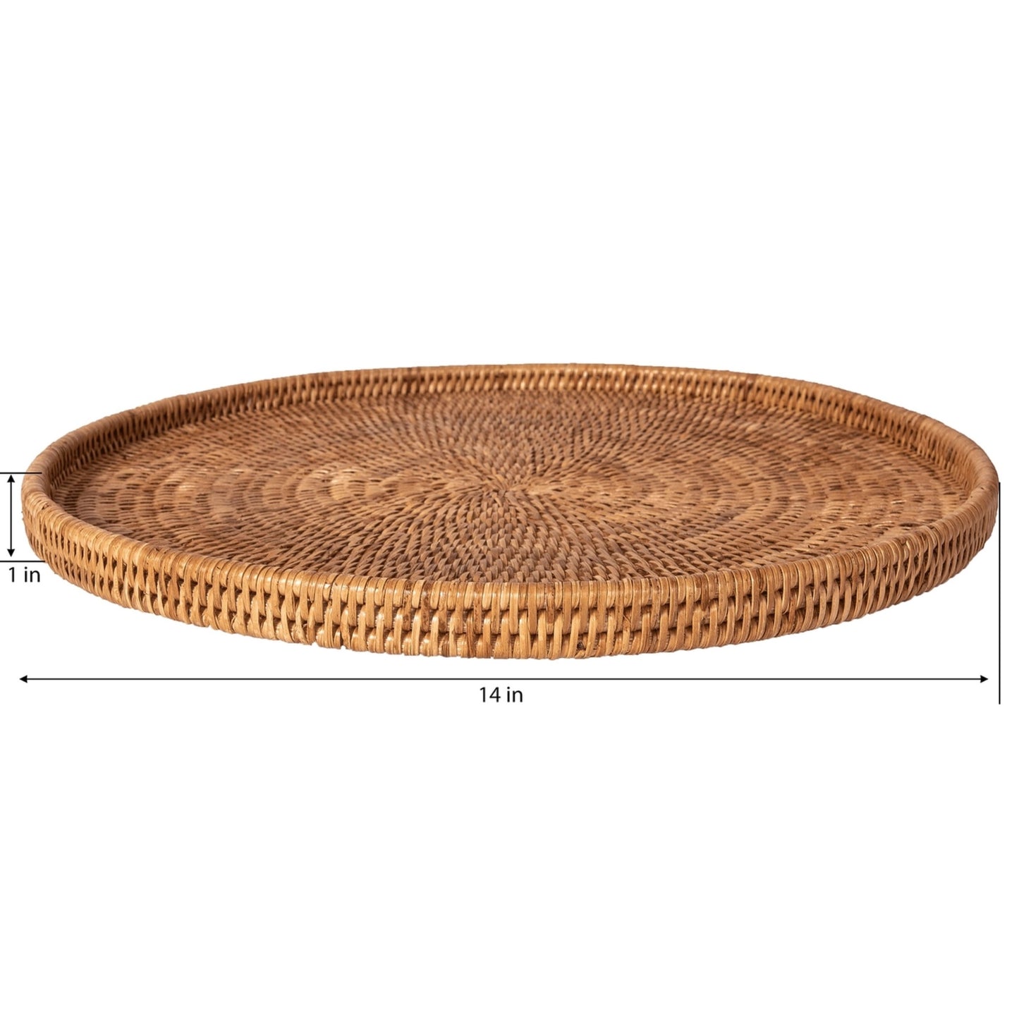 Woven rattan tray with dimensions on a white background