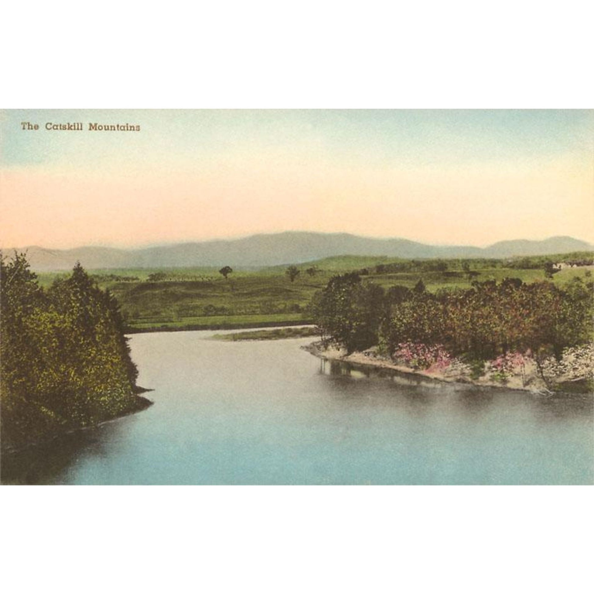 Vintage Postcard with a river in front and the Catskill Mountains in the back.
