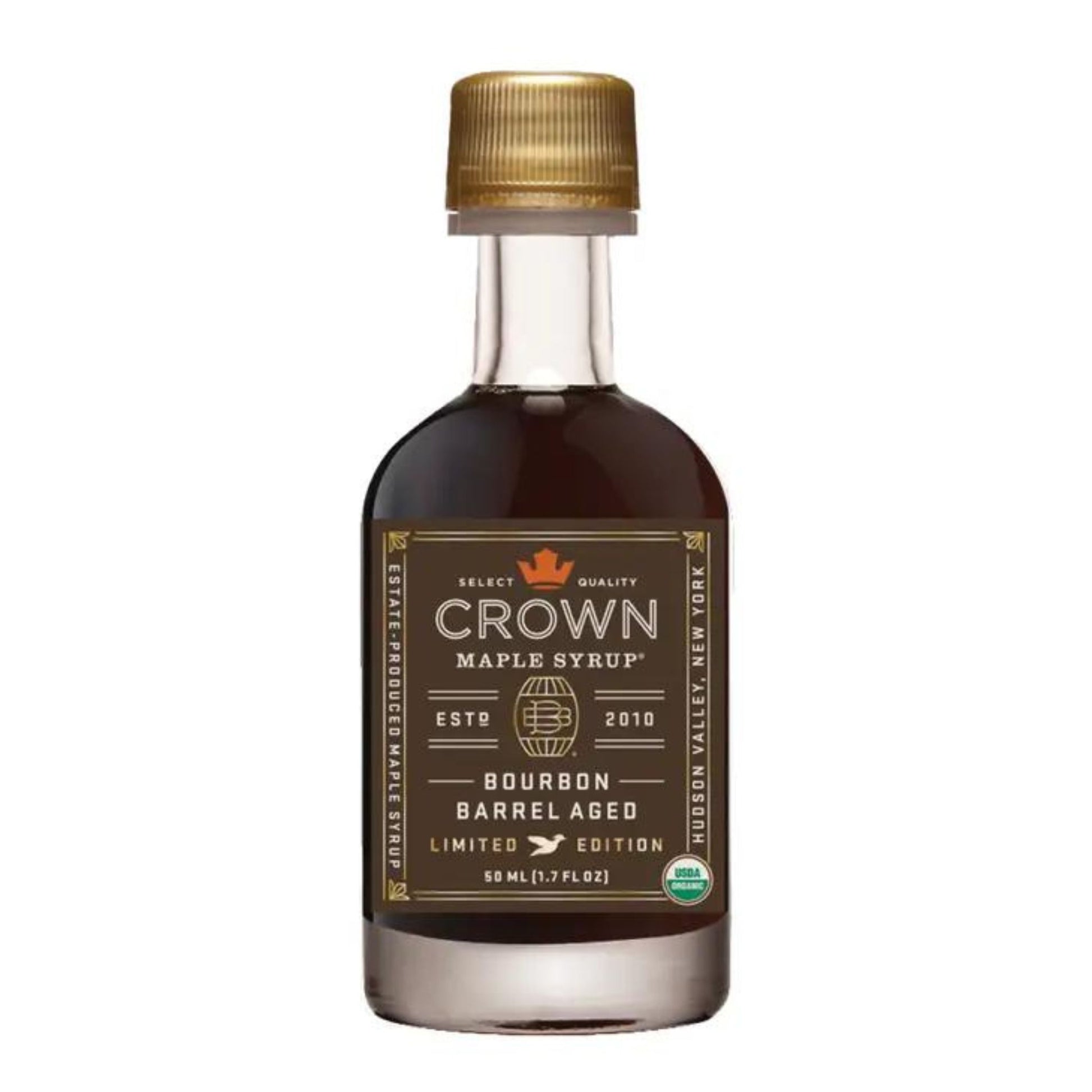 Bourbon Barrel Aged Organic Maple Syrup in a Glass Bottle. 1,7 Oz. Aromas of bourbon, smoky oak, graham cracker, brown butter & creamy vanilla. Front View of the Bottle