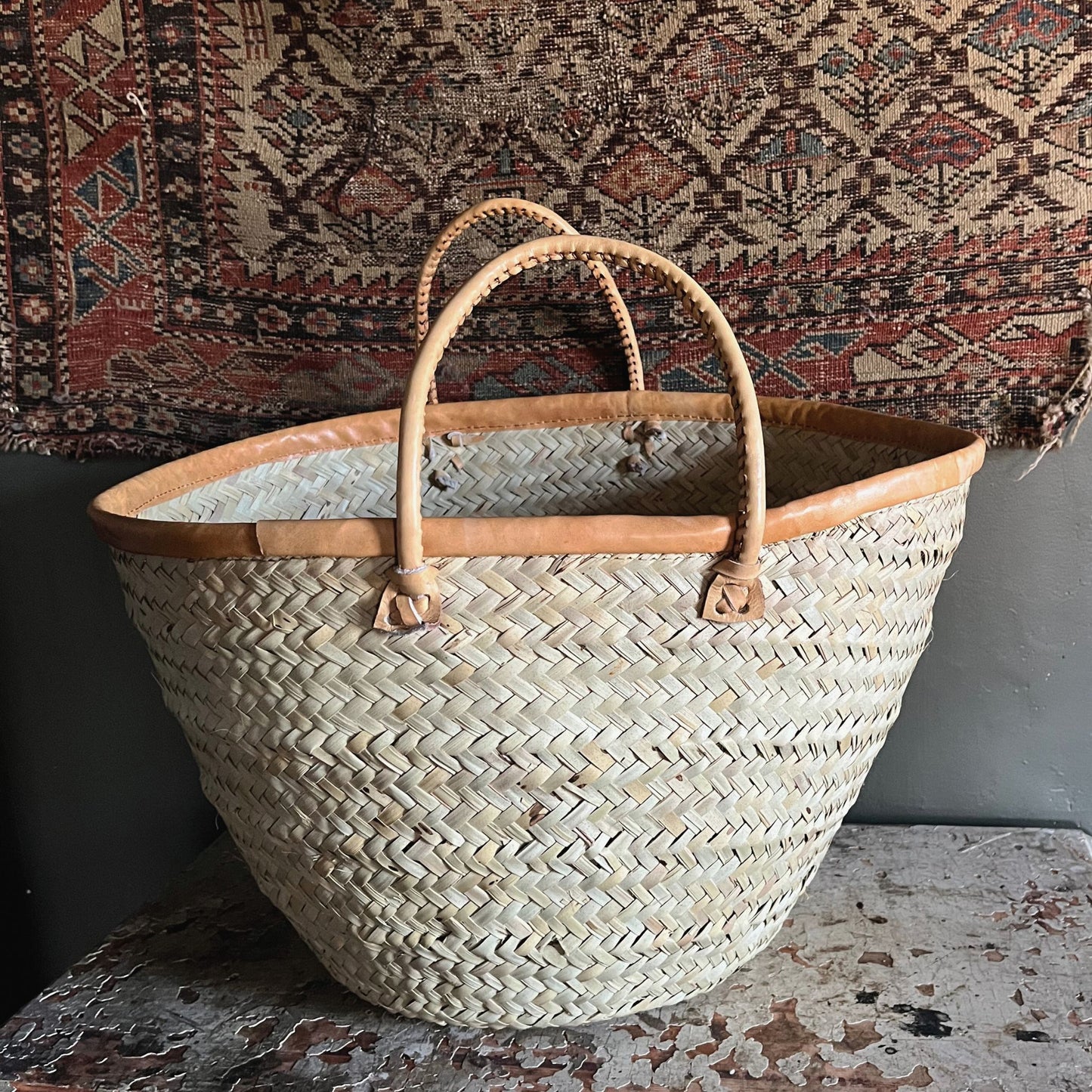 Kenyan Wide Weave Leather Trim Basket