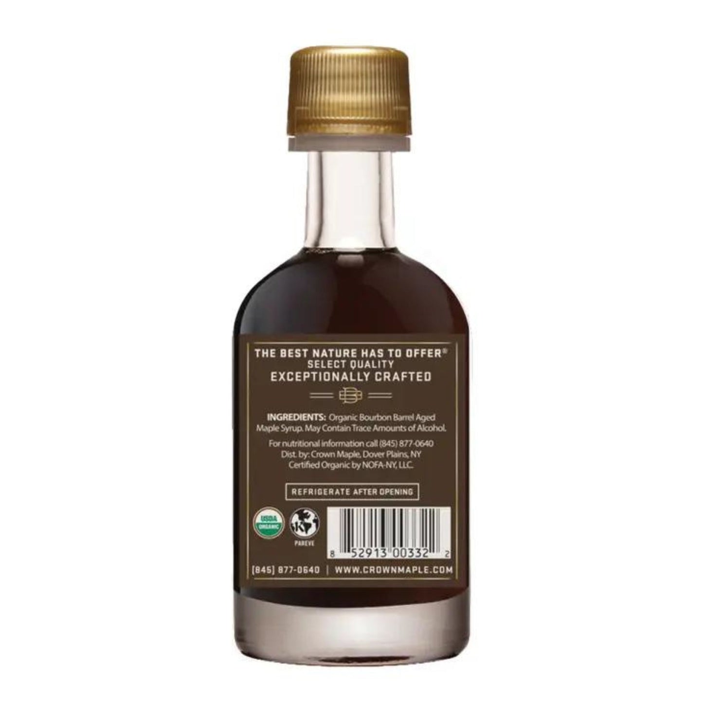 Bourbon Barrel Aged Organic Maple Syrup in a Glass Bottle. 1,7 Oz. Aromas of bourbon, smoky oak, graham cracker, brown butter & creamy vanilla. Back View of the Bottle