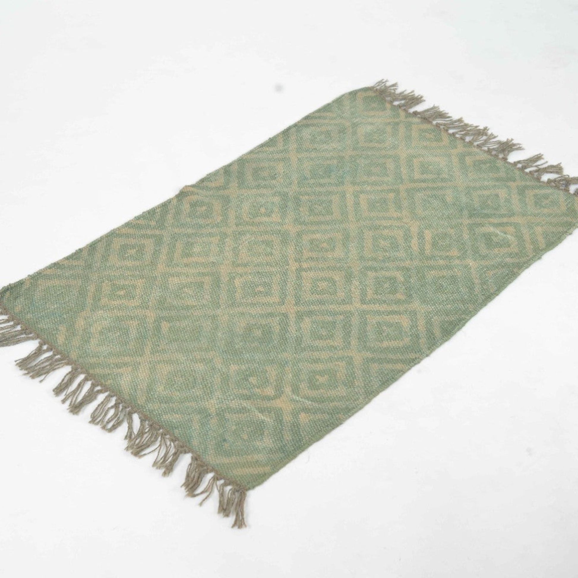Hand Block Printed Cotton Rug in a Jute natural color with ornaments on it