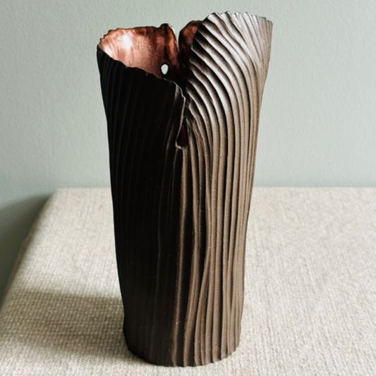 Brown Ribbed Vase with Rose Interior by Anne Gabriele