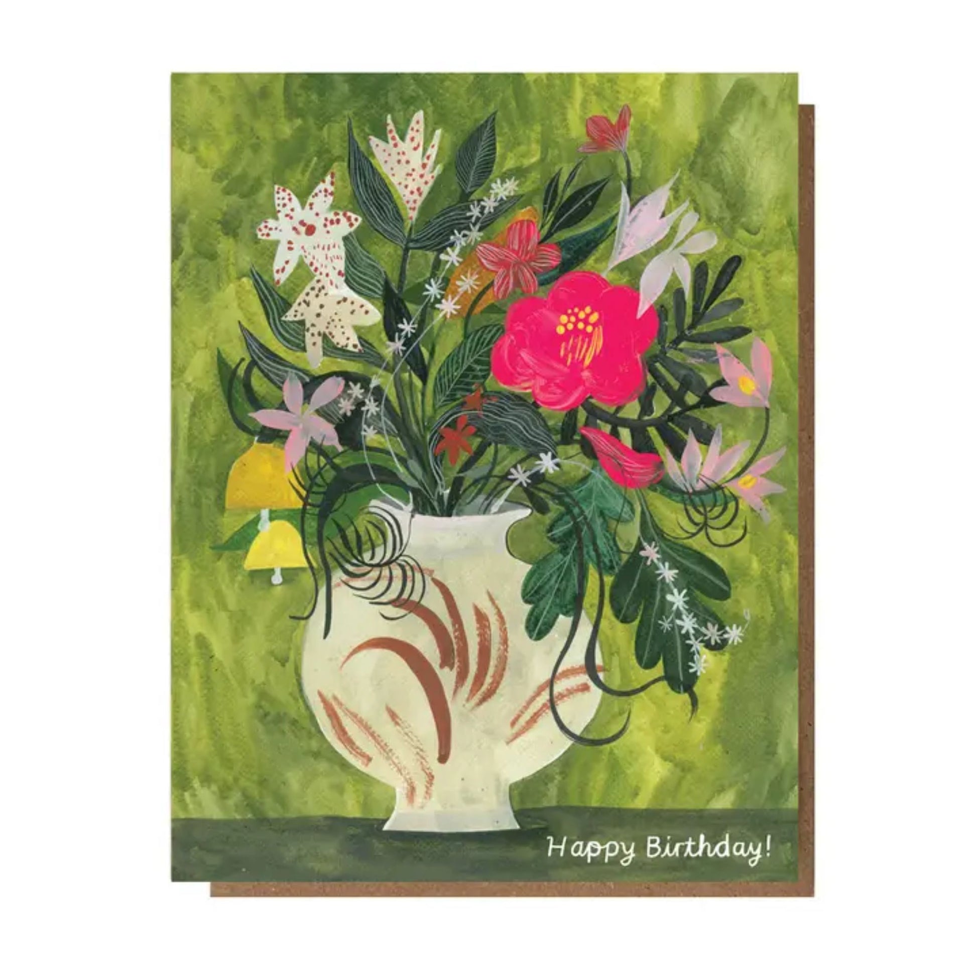 Greeting card with floral design and 'Happy Birthday!' text on a green background
