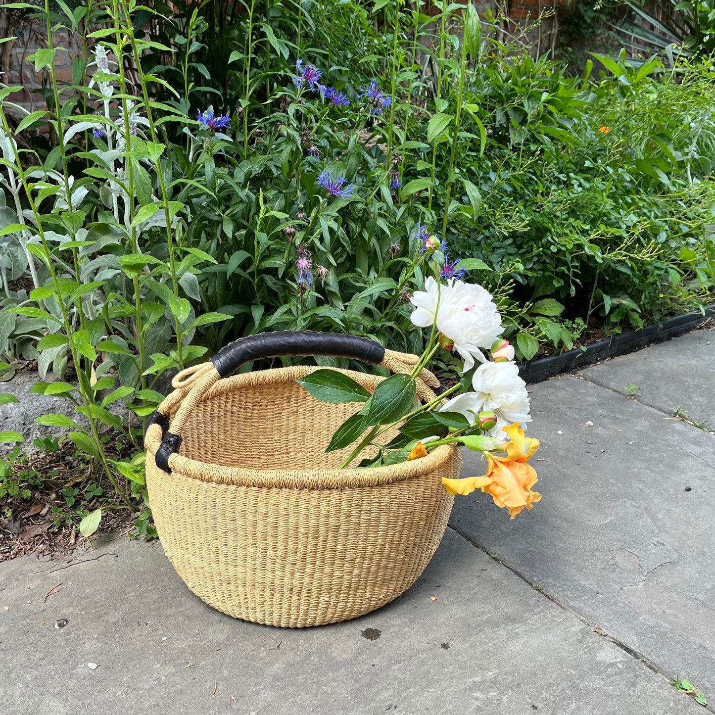 Large Natural Bolga Basket with Black Leather